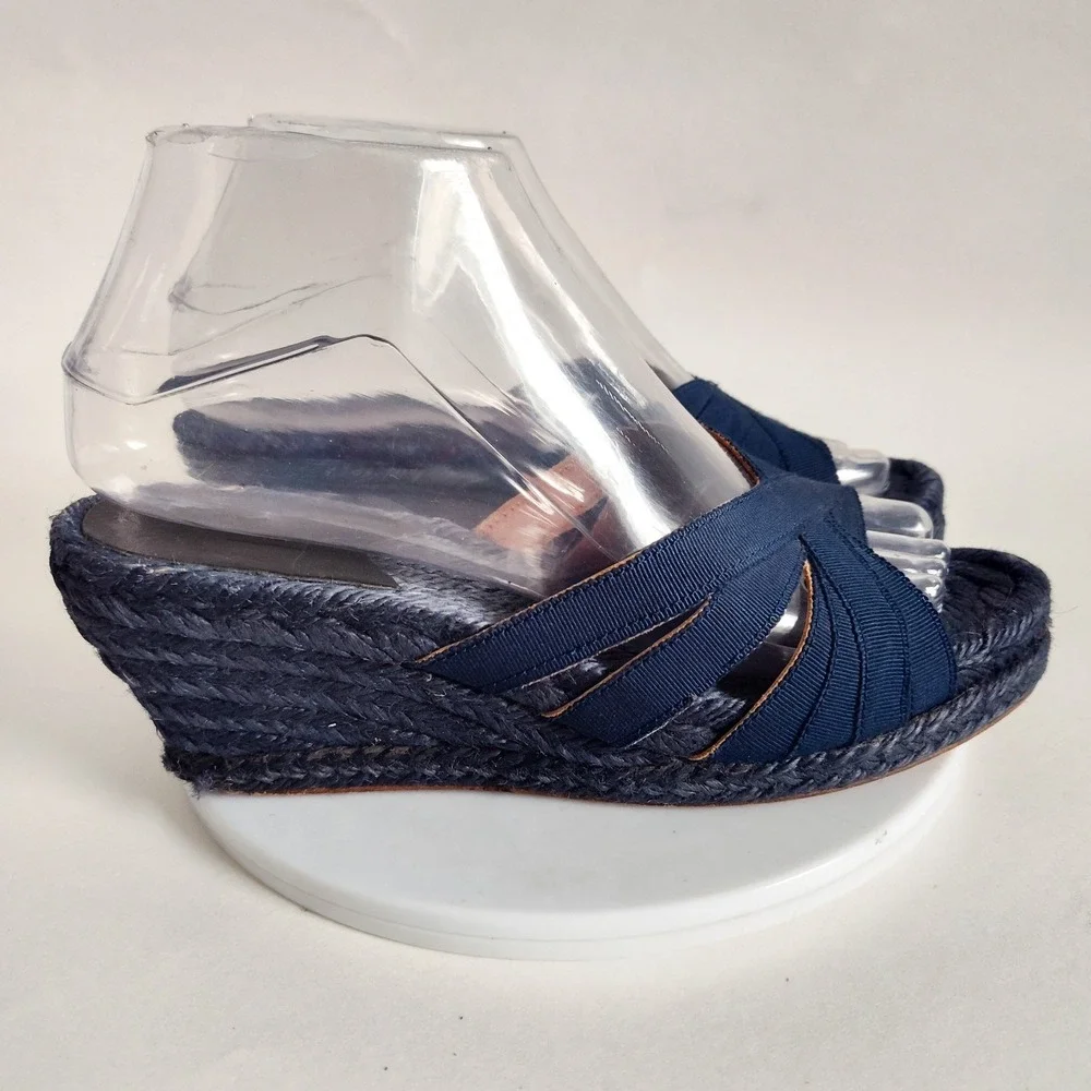 Stubbs & Wootton Sandals 37 / 6 Espadrille Wedge Blue‎ Ribbon Slip On Open Toe